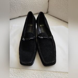 Stuart Weitzman , French Horn, Suede Beaded Low Heel Loafer, Black, Size 7